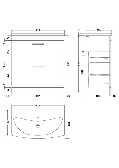 Nuie Athena 800mm Charcoal Black 2 Drawer Floor Standing Vanity Unit With 1 Tap Hole Basin