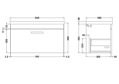 Nuie Athena 800mm Anthracite Woodgrain Wall Hung Single Drawer Vanity Unit With 1 Tap Hole Basin