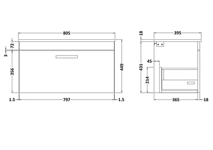 Nuie Athena 800mm Anthracite Woodgrain Wall Hung Single Drawer Vanity Unit With 1 Tap Hole Basin