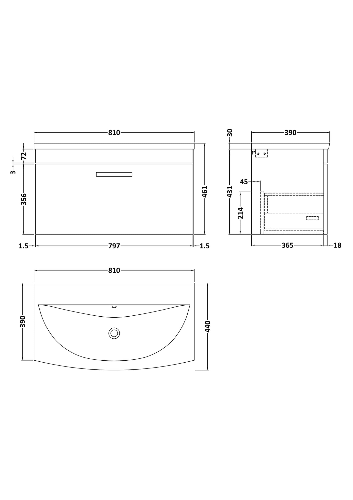 Nuie Athena 800mm Wall Hung Single Drawer Vanity Unit With 1 Tap Hole Basin