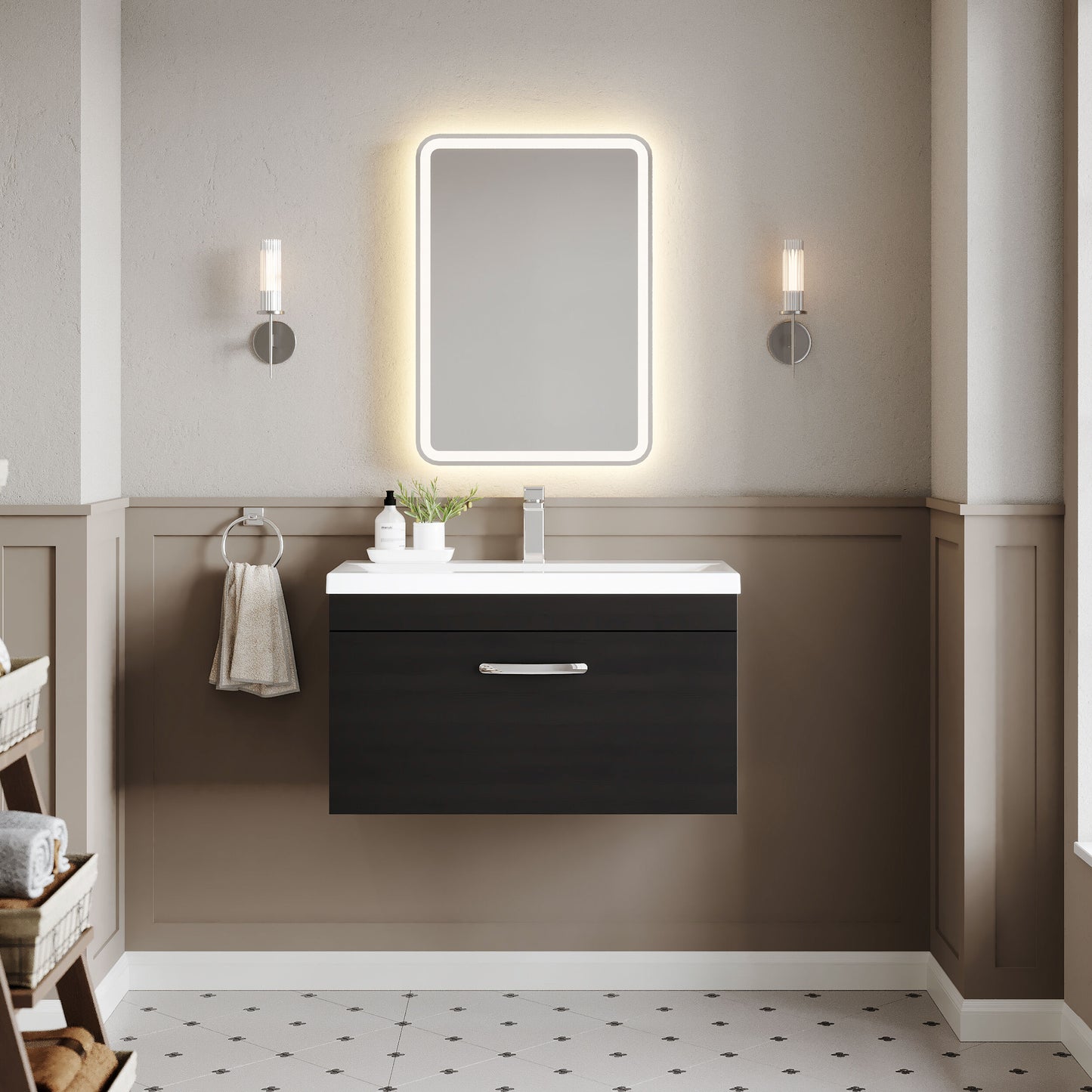 Nuie Athena 800mm Charcoal Black Wall Hung Single Drawer Vanity Unit With 1 Tap Hole Basin