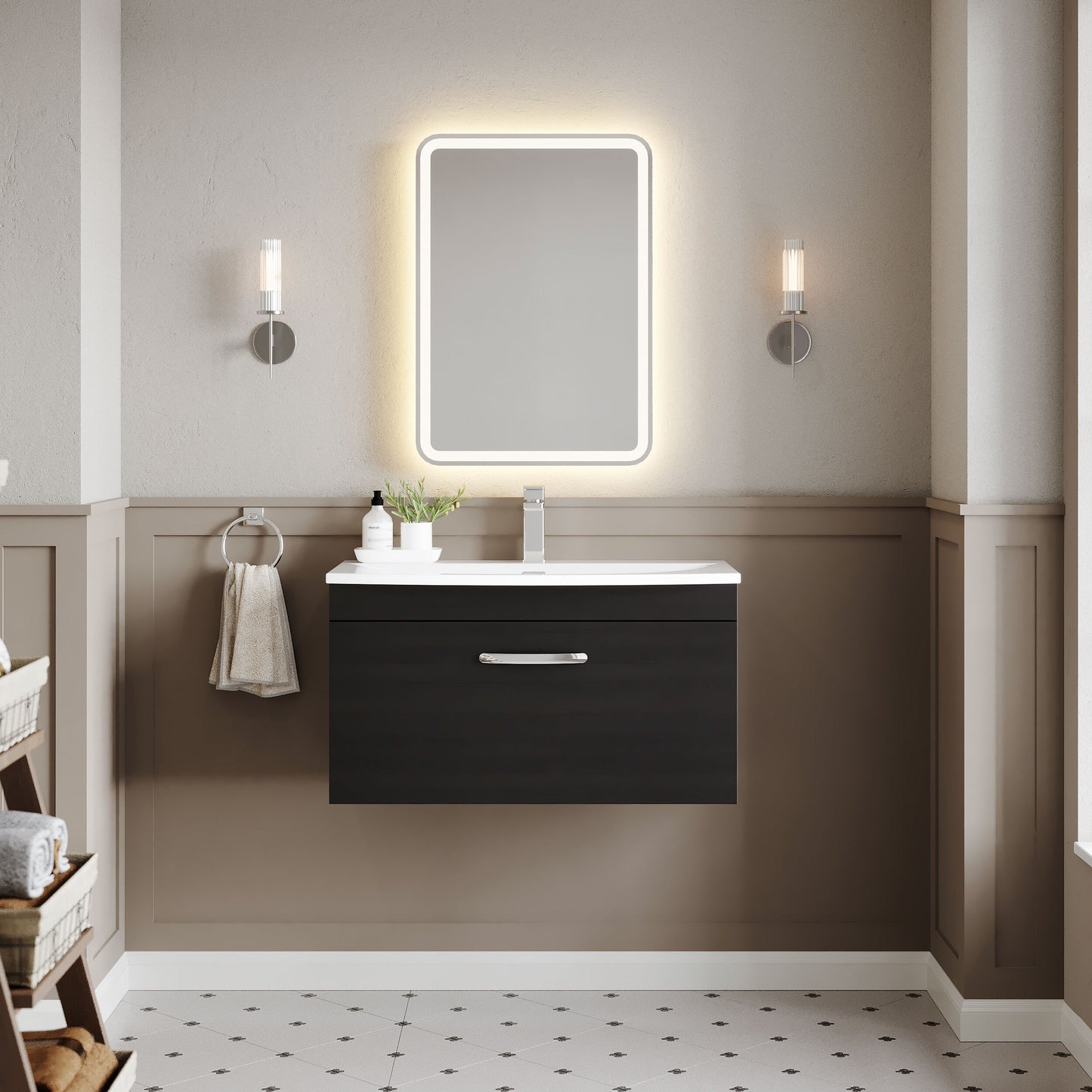 Nuie Athena 800mm Charcoal Black Wall Hung Single Drawer Vanity Unit With Curved 1 Tap Hole Basin