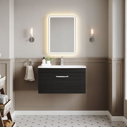 Nuie Athena 800mm Charcoal Black Wall Hung Single Drawer Vanity Unit With Curved 1 Tap Hole Basin