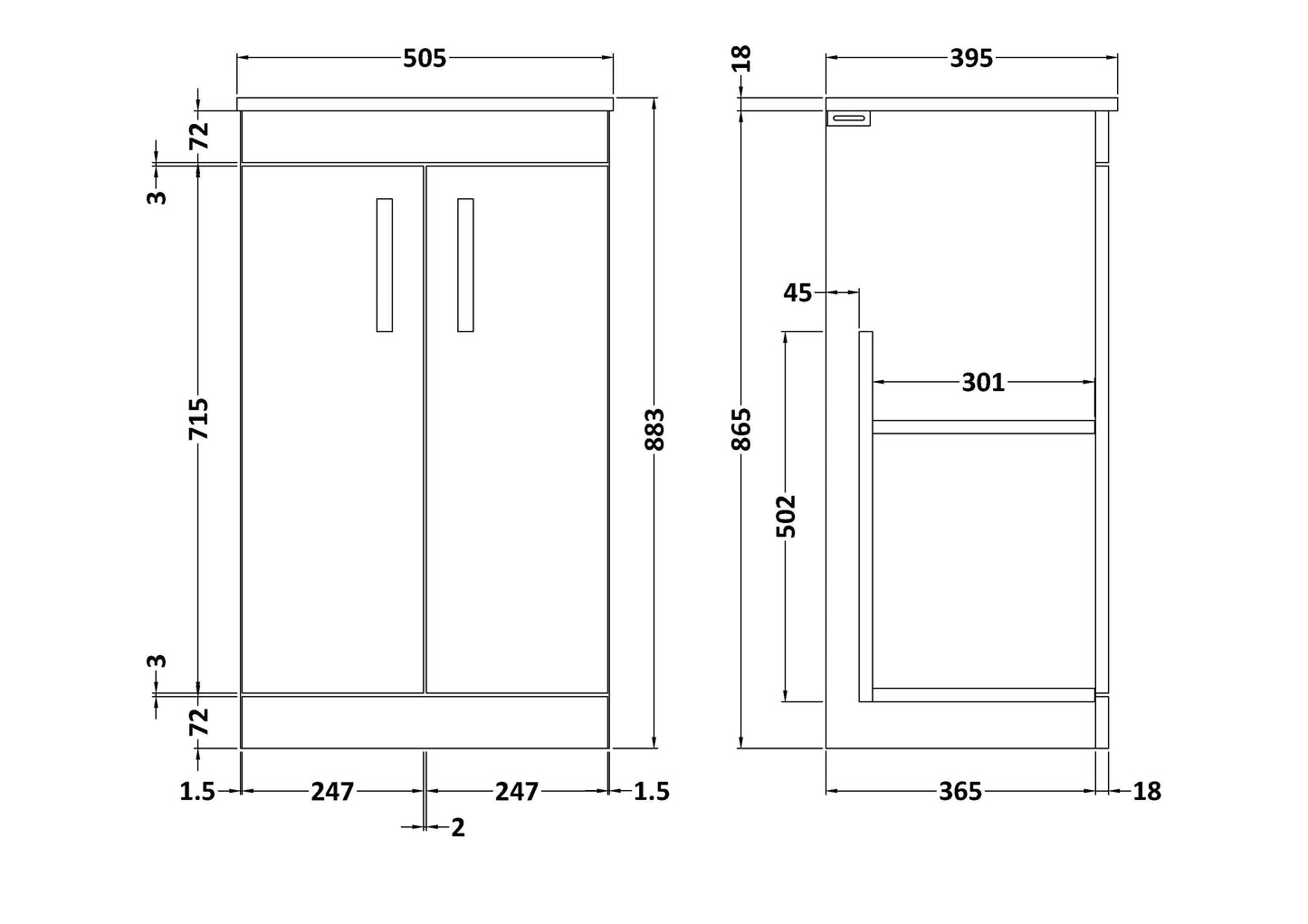 Nuie Athena 500mm Floor Standing 2 Door Vanity Unit With 1 Tap Hole Basin