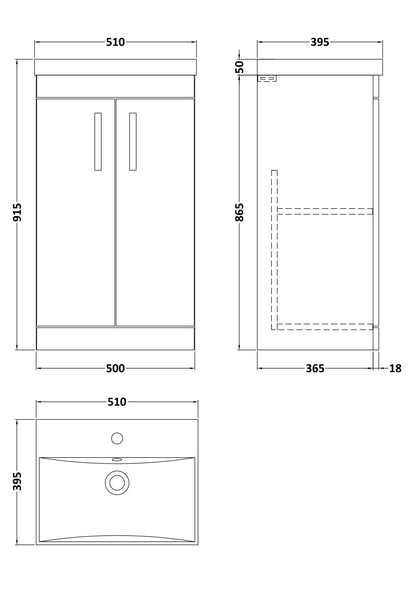 Nuie Athena 510mm Floor Standing 2 Door Vanity Unit With 1 Tap Hole Basin