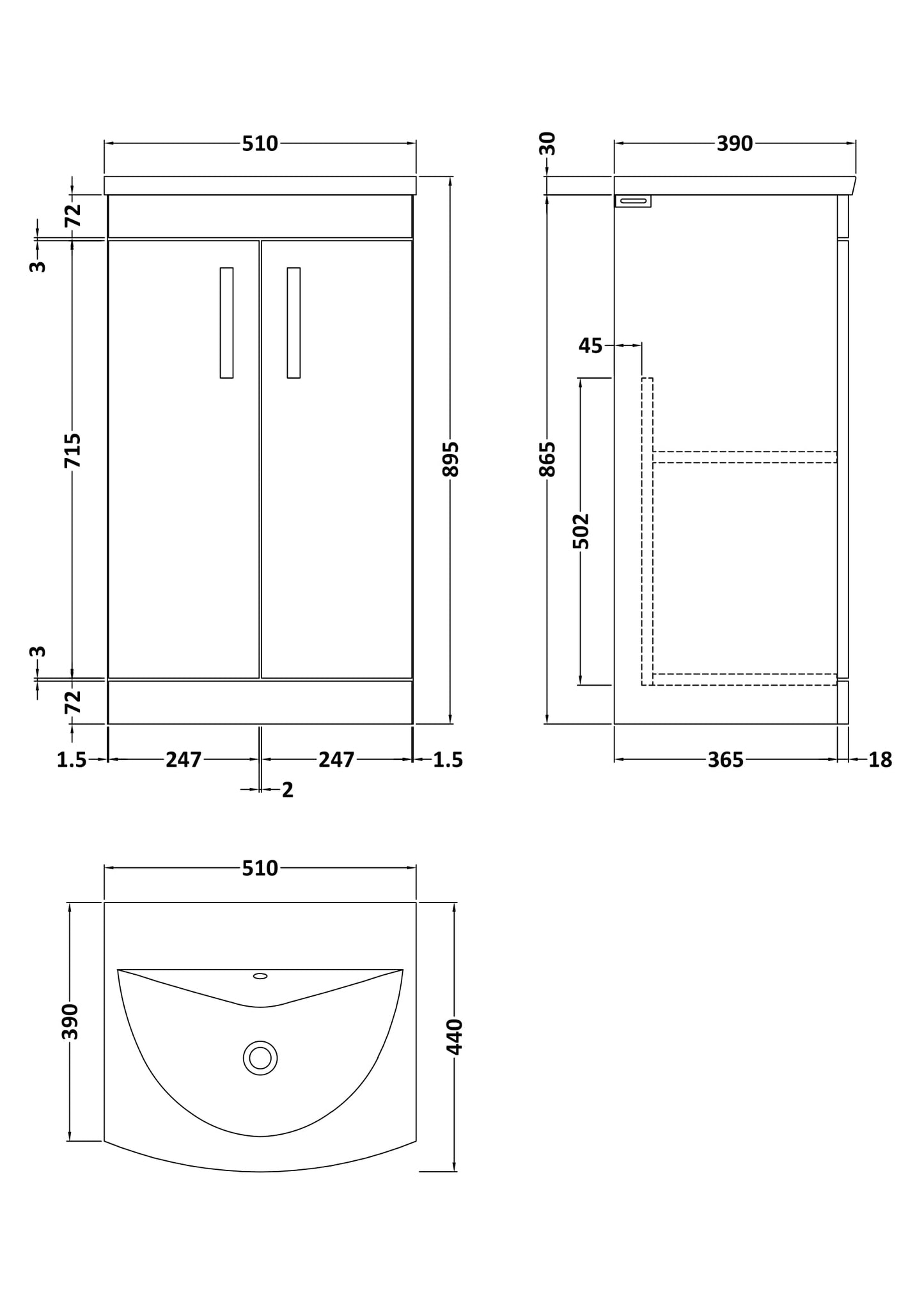 Nuie Athena 500mm Gloss Grey Floor Standing 2 Door Vanity Unit With Curved 1 Tap Hole Basin