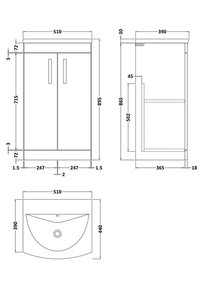 Nuie Athena 500mm Gloss Grey Floor Standing 2 Door Vanity Unit With Curved 1 Tap Hole Basin