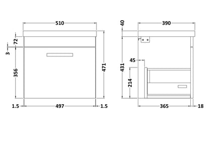 Nuie Athena 500mm Gloss Grey Wall Hung Single Drawer Vanity Unit With 1 Tap Hole Basin