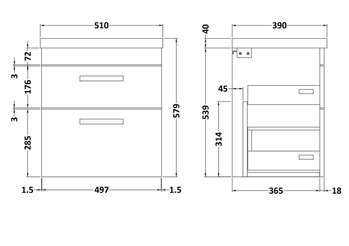 Nuie Athena 500mm Gloss Grey Wall Hung 2 Drawer Vanity With 1 Tap Hole Basin