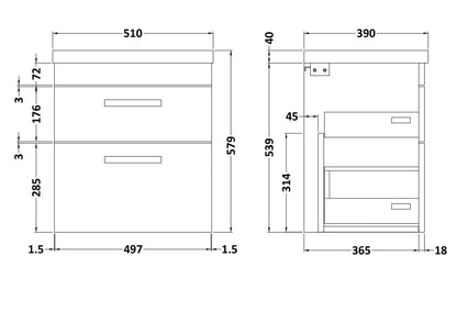Nuie Athena 500mm Gloss Grey Wall Hung 2 Drawer Vanity With 1 Tap Hole Basin