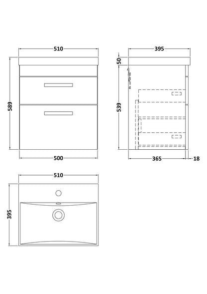 Nuie Athena 500mm Gloss Grey 2 Drawer Wall Hung Vanity Unit With Basin