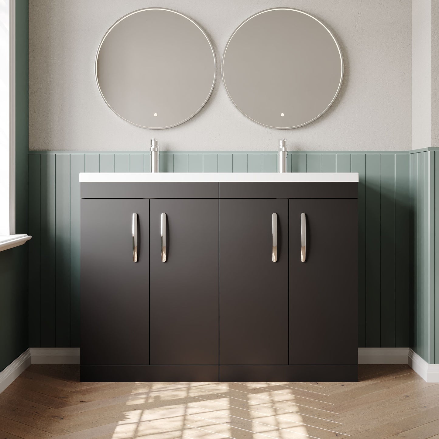 Nuie Athena 1200mm Gloss Grey Floor Standing 4 Door Vanity Unit With Twin Basin