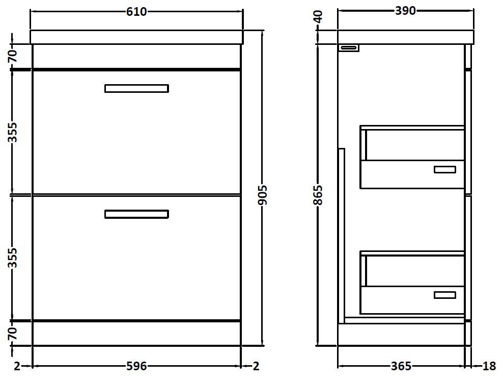Nuie Athena 600mm Gloss Grey Floor Standing 2 Drawer Vanity Unit With 1 Tap Hole Basin