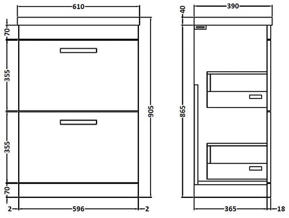 Nuie Athena 600mm Gloss Grey Floor Standing 2 Drawer Vanity Unit With 1 Tap Hole Basin