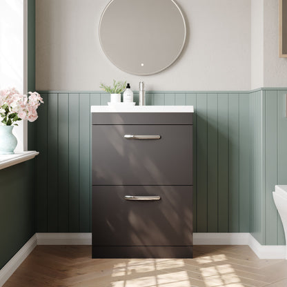 Nuie Athena 600mm Gloss Grey Floor Standing 2 Drawer Vanity Unit With 1 Tap Hole Basin