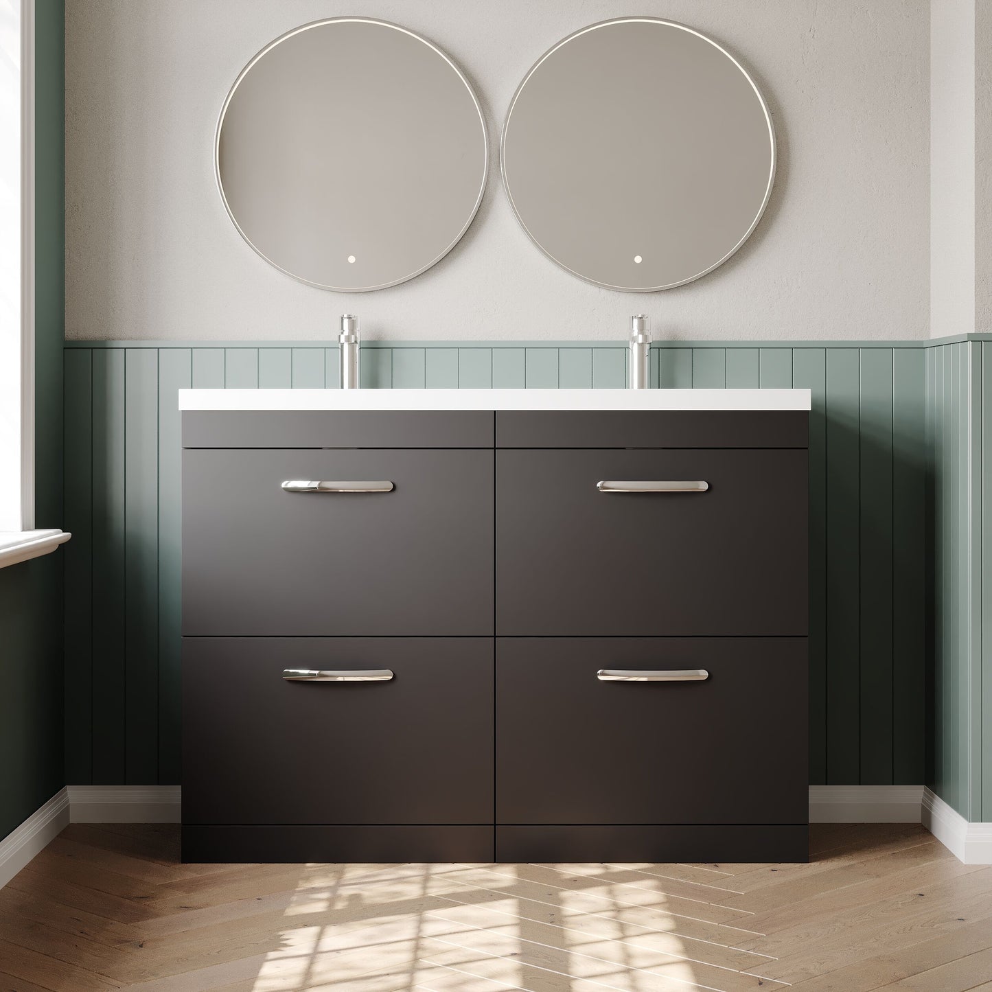 Nuie Athena 1200mm Gloss Grey Floor Standing 4 Drawer Vanity Unit With Twin Polymarble Basin