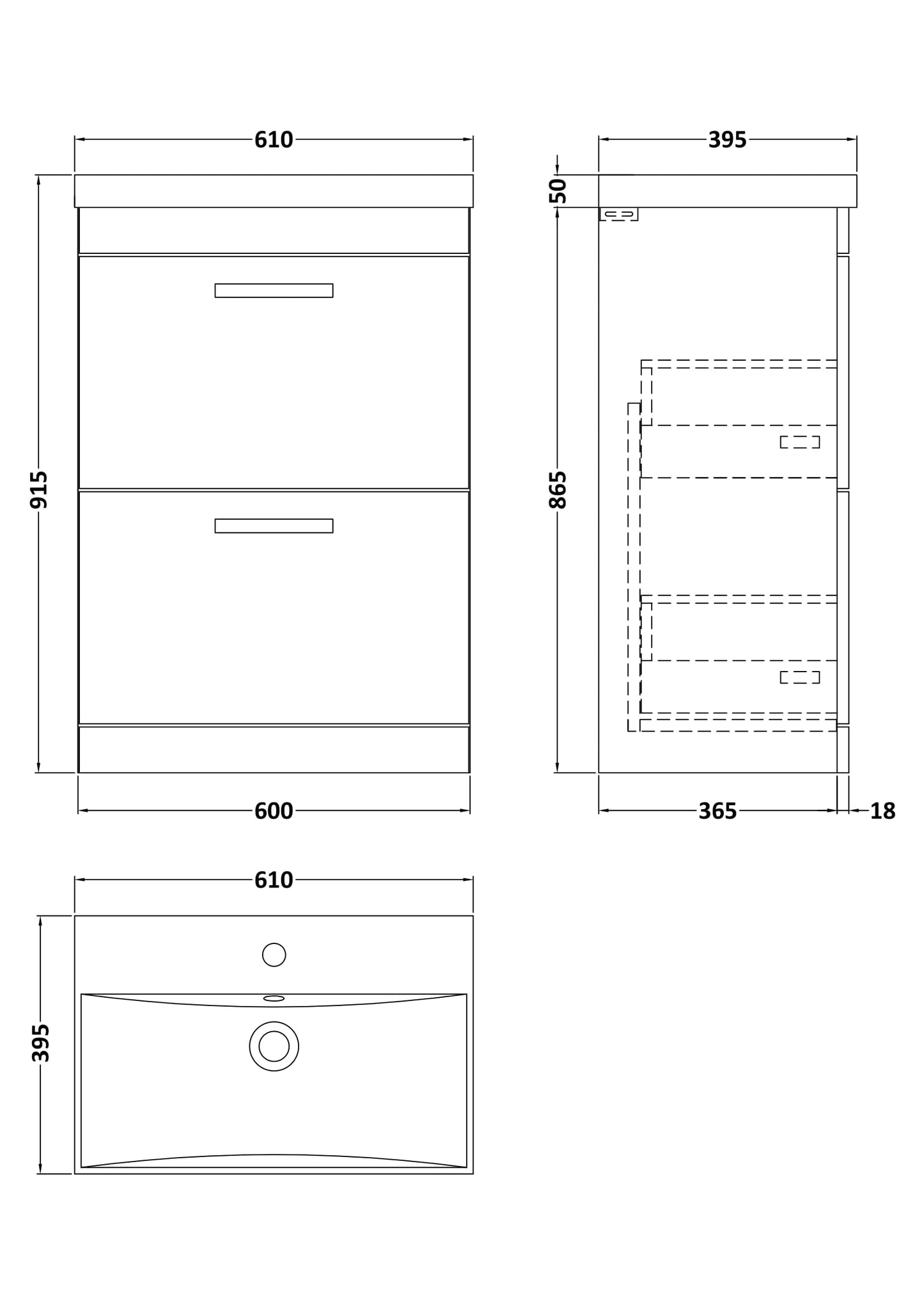 Nuie Athena 600mm Gloss Grey Floor Standing 2 Drawer Vanity Unit With Thin-Edge 1 Tap Hole Basin