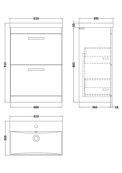 Nuie Athena 600mm Gloss Grey Floor Standing 2 Drawer Vanity Unit With Thin-Edge 1 Tap Hole Basin