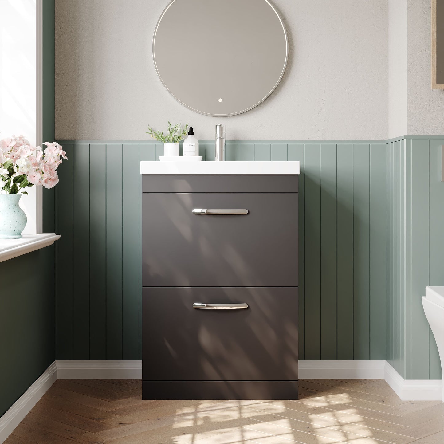 Nuie Athena 600mm Gloss Grey Floor Standing 2 Drawer Vanity Unit With Thin-Edge 1 Tap Hole Basin