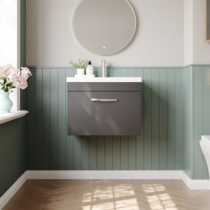 Nuie 600mm Gloss Grey Wall Hung Single Drawer Vanity Unit with 1 Tap Hole Basin