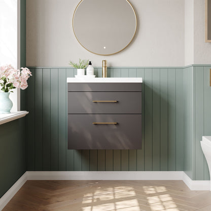 Nuie Athena 600mm Gloss Grey Wall Hung 1 Drawer Vanity Unit With Basin and Handle