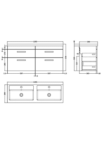 Nuie Athena 1200mm Gloss Grey Wall Hung Vanity Unit With 4 Drawers & Twin Polymarble Basin