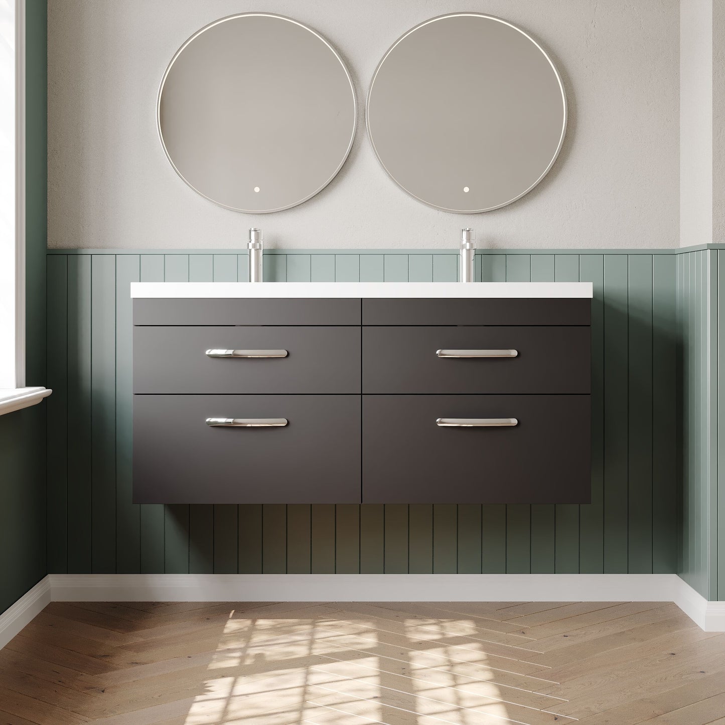 Nuie Athena 1200mm Gloss Grey Wall Hung Vanity Unit With 4 Drawers & Twin Polymarble Basin