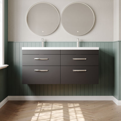 Nuie Athena 1200mm Gloss Grey Wall Hung Vanity Unit With 4 Drawers & Twin Polymarble Basin