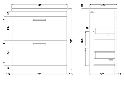 Nuie Athena 800mm Gloss Grey Floor Standing 2 Drawer Soft Close Vanity Unit With 1 Tap Hole Basin
