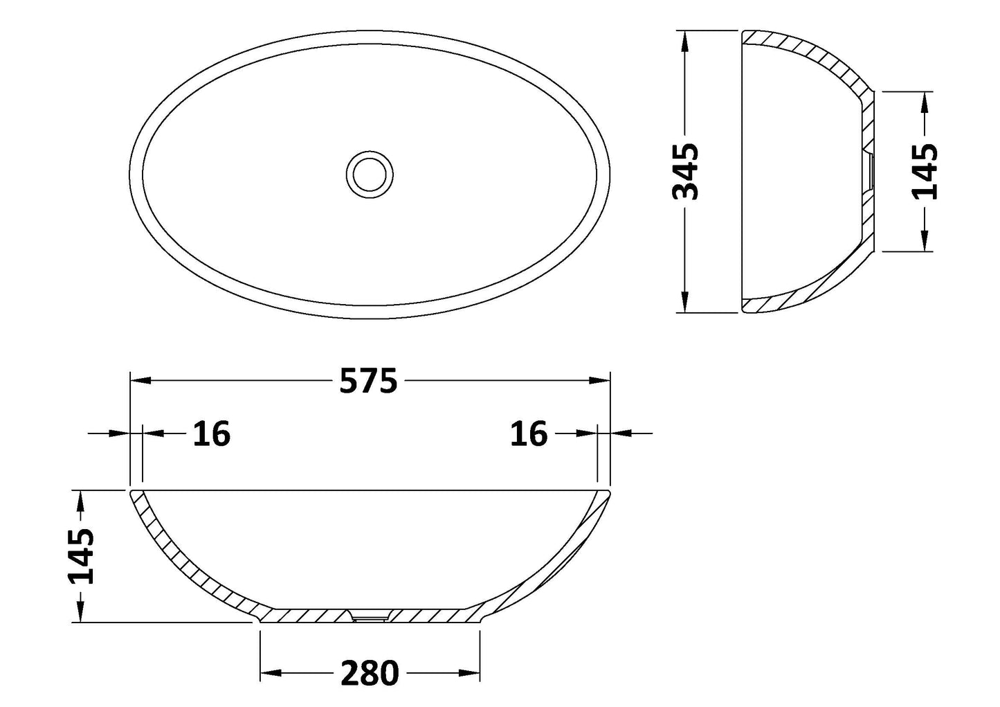 Tasse Oval Countertop Basin 575mm x 145mm - No Waste