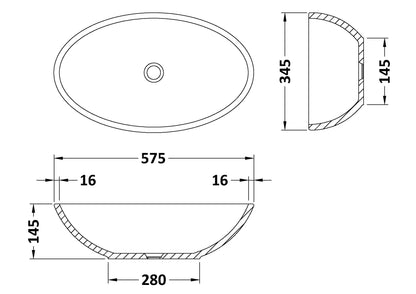 Tasse Oval Countertop Basin 575mm x 145mm - No Waste