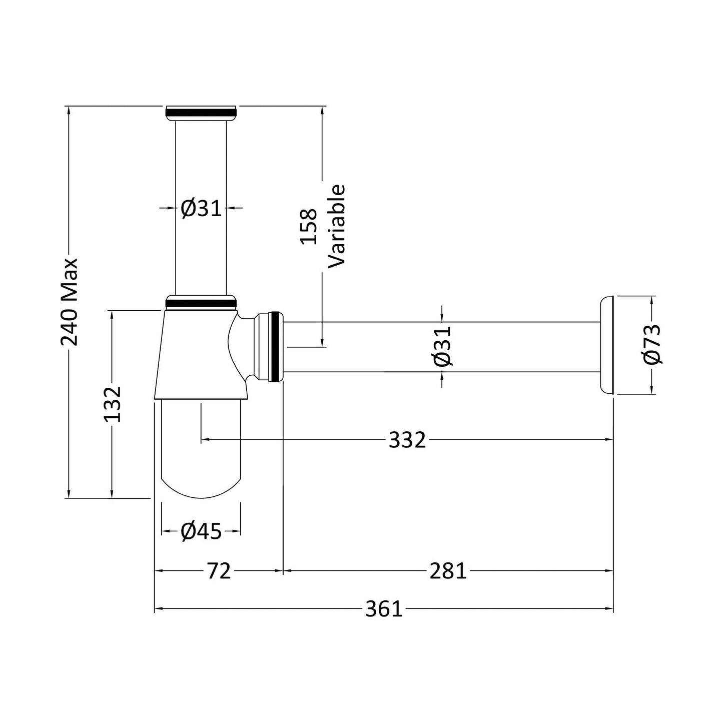 [BABT370] Round Chrome Bottle Trap for Basin Waste Systems - Technical Drawing