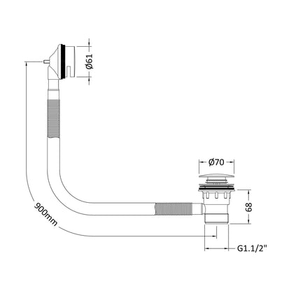 [BABW327E] Round Push Button Bath Waste - 70 x 70mm - Chrome - Technical Drawing