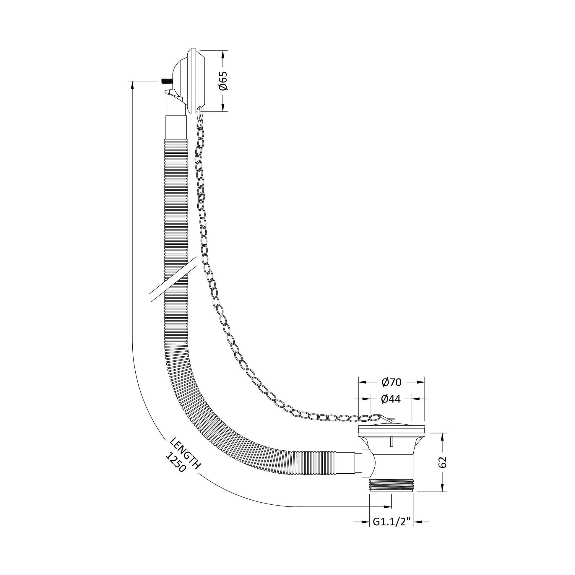[BABW329] Extended Retainer Bath Waste with Overflow, Plug and Link Chain Waste for Baths up to 20mm Thick - Chrome - Technical Drawing