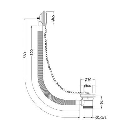 [BABW348] Balterley Round Bath Waste with Overflow, Brass Plug and Link Chain, for Baths up to 20mm - Chrome - Technical Drawing