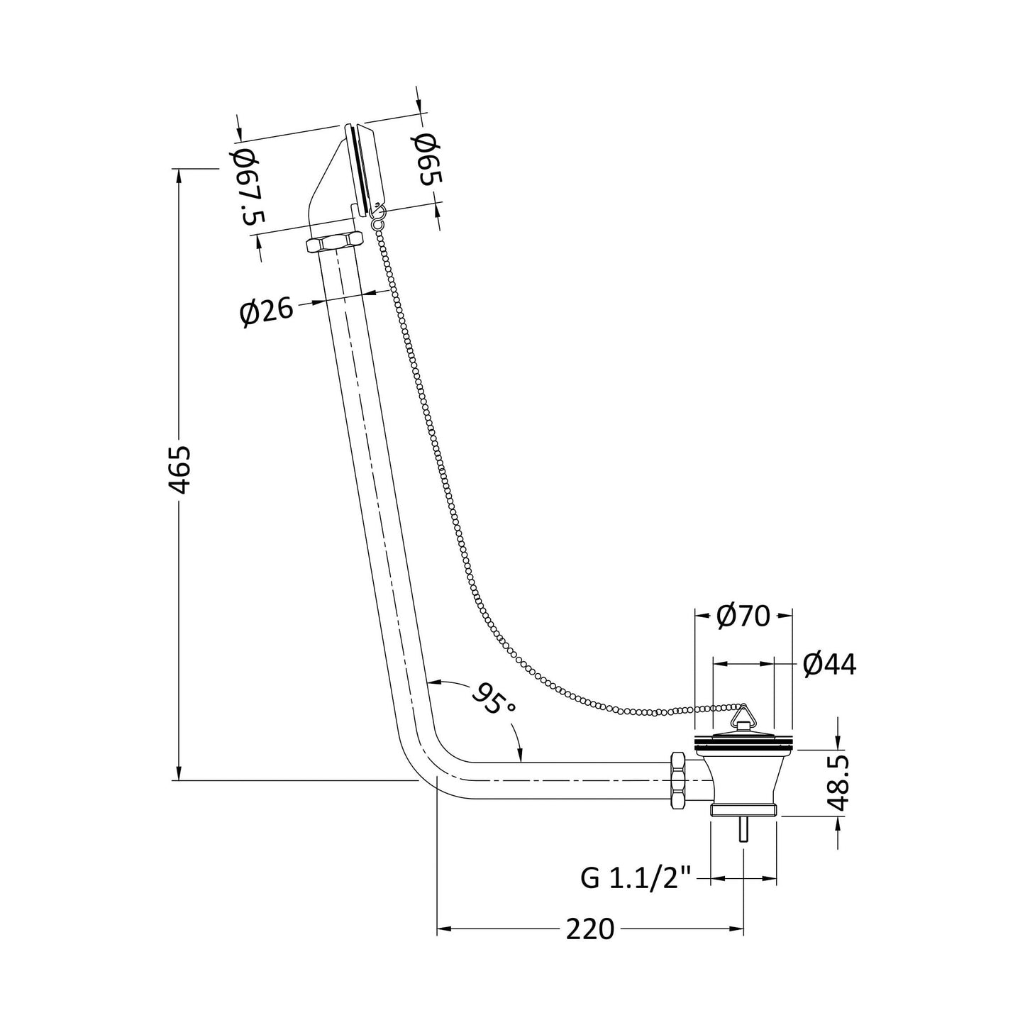 [BABW381] Traditional Exposed Bath Waste with Retainer Kit, Suitable for Baths up to 20mm Thick, 458 x 191 x 45mm - Chrome - Technical Drawing