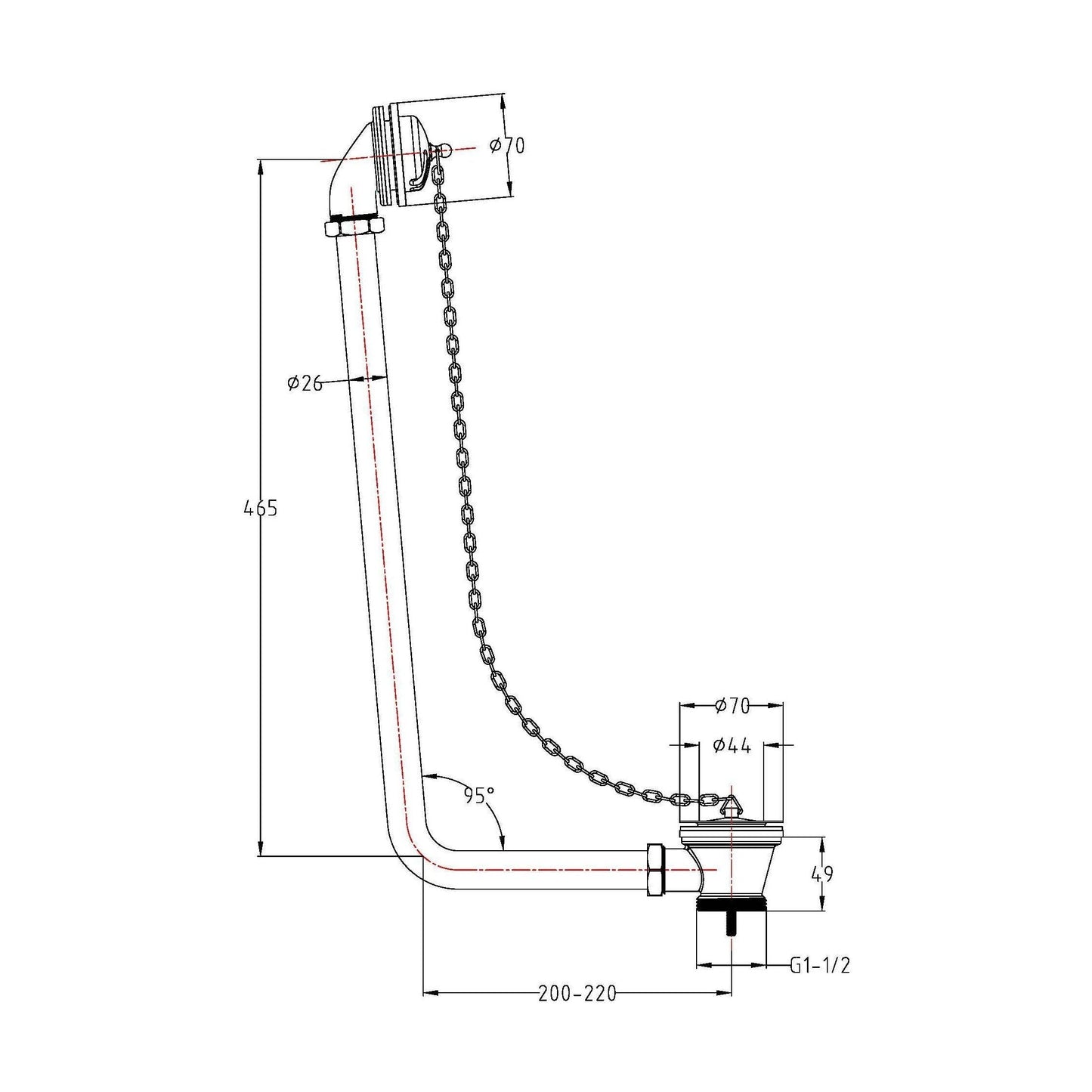 [BABW385] Traditional Exposed Bath Waste with Overflow, Suitable for Baths up to 20mm Thick, 465 x 70 x 220mm - Chrome - Technical Drawing
