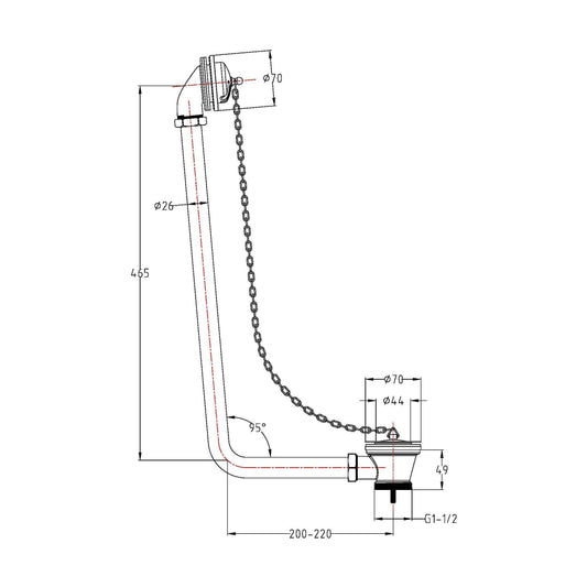 [BABW385] Traditional Exposed Bath Waste with Overflow, Suitable for Baths up to 20mm Thick, 465 x 70 x 220mm - Chrome - Technical Drawing