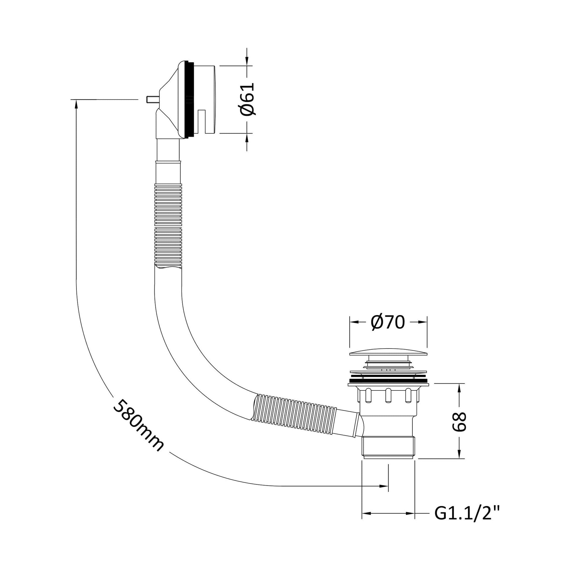 [BABW427] Contemporary Push Button Round Bath Tub Waste for Baths Up to 13mm Thick - Multiple Colours - Technical Drawing