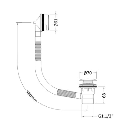 [BABW827] Contemporary Push Button Round Bath Tub Waste for Baths Up to 13mm Thick - Multiple Colours - Technical Drawing