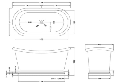 BC Designs Inner 1500mm Copper Nickel Boat Freestanding Bath