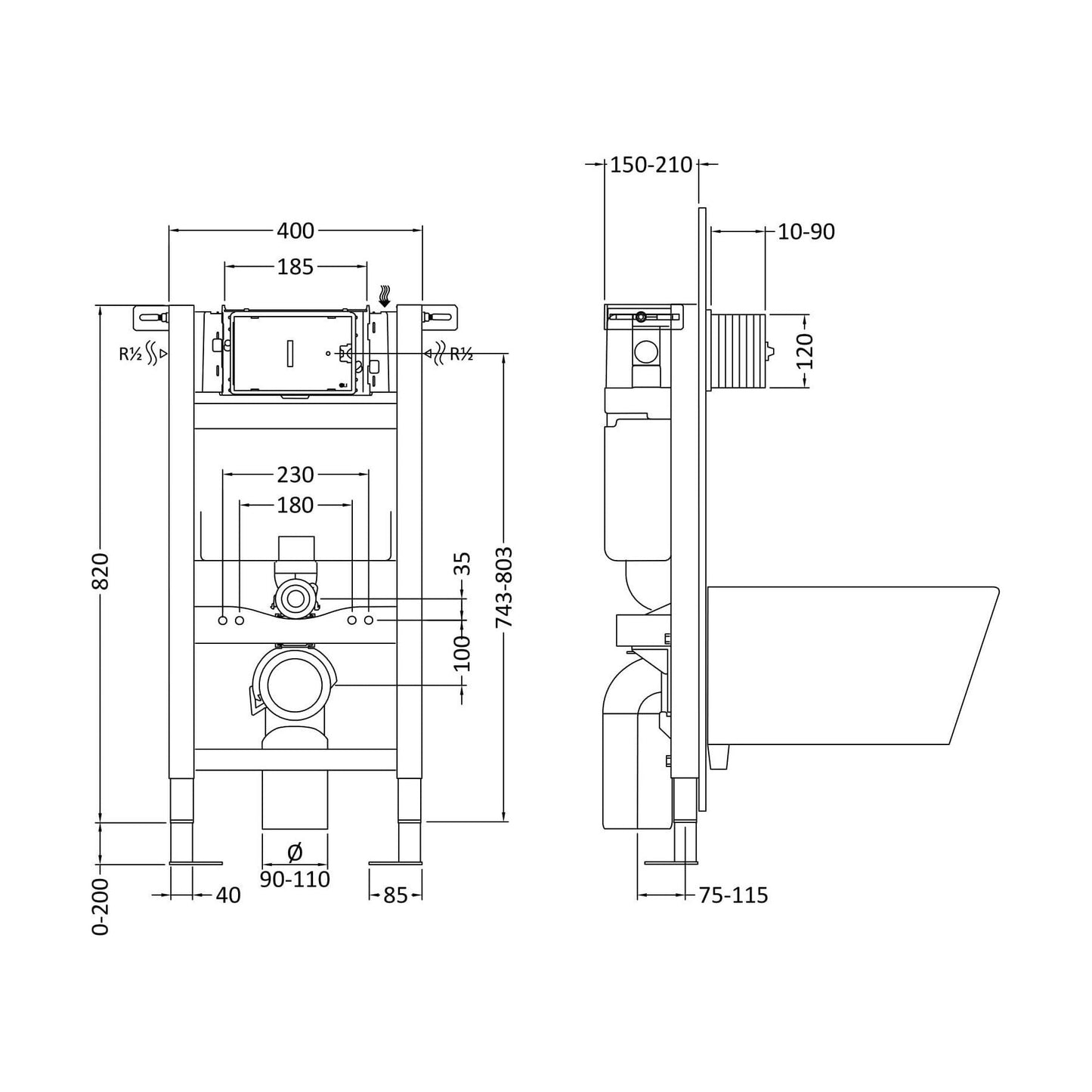 [BACC007] Balterley Modern Mid Height Dual Flush Concealed Wall Hung Toilet Cistern with Frame and Square Push Plate - Chrome - Technical Drawing