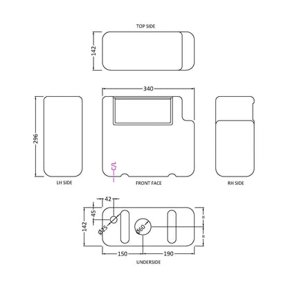 [BACC008B] Balterley Modern Universal Water Saving Dual Flush Bottom Inlet with Round Push Button - Chrome - Technical Drawing