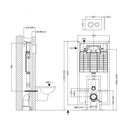 [BACC009R] Balterley Modern Round Dual Flush Concealed Cistern with Wall Hung Frame and Round Push Button Plate - Chrome - Technical Drawing
