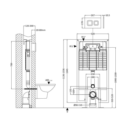 [BACC009S] Balterley Round Dual Flush Concealed Cistern with Wall Hung Frame and Square Push Button Plate - Chrome - Technical Drawing