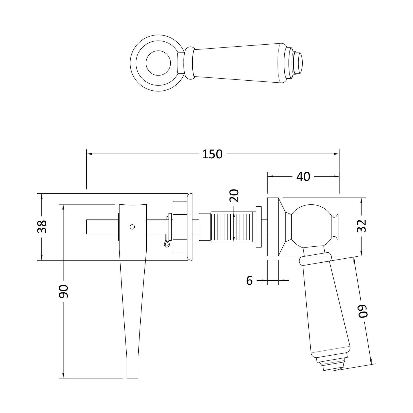 [BACL470] Black Ceramic Handle WC Lever - Technical Drawing