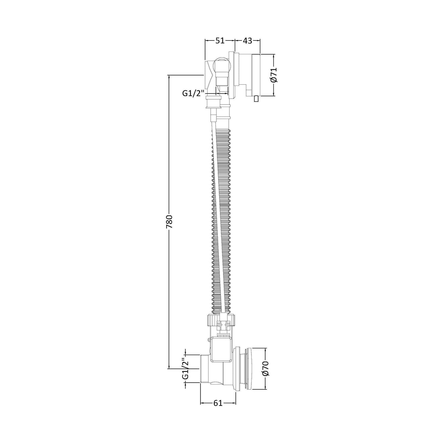 [BAFF358] Balterley Free Bath Filler with Push Button Waste, Built-in Overflow, Set of 2 - Chrome Finish - Technical Drawing