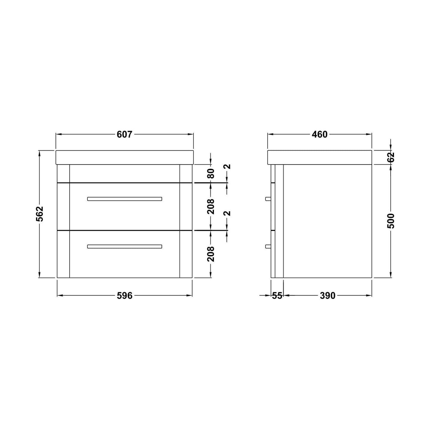 [BAL102C] Croxden Modern Wall Hung Vanity Basin Unit with Soft Close Drawers - 600mm or 800mm - Technical Drawing