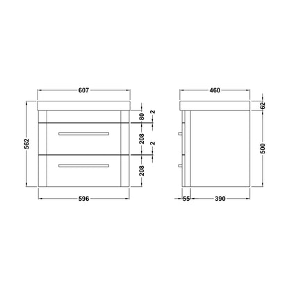 [BAL102C] Croxden Modern Wall Hung Vanity Basin Unit with Soft Close Drawers - 600mm or 800mm - Technical Drawing