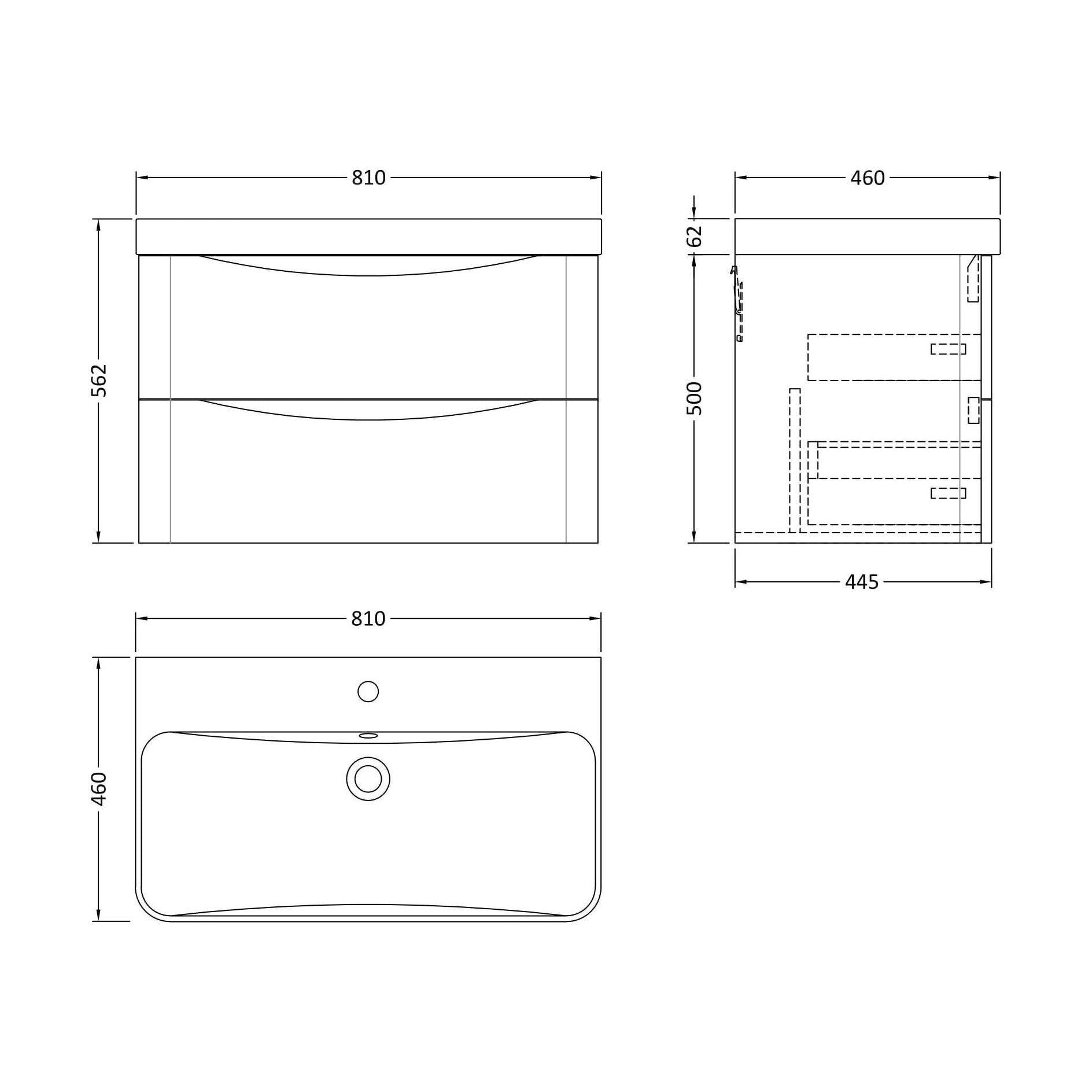 [BAL104B] Dunwood Contemporary Wall Hung 2 Drawer Vanity Basin Unit, Choice of Size and Colour - Technical Drawing